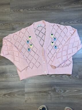 Pink Knit Floral Embroidered  Cardigan Sweater Women's Medium Cottagecore